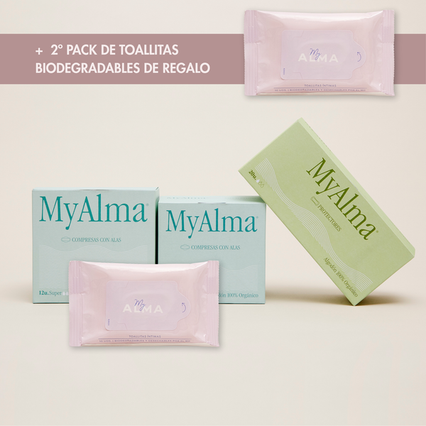 Pack salvaslips, compresas de algodón 100% orgánico y toallitas biodegradables + REGALO