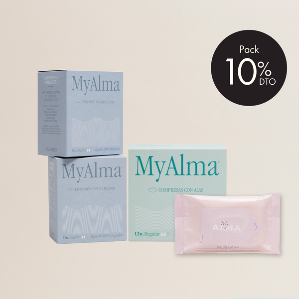 Pack tampones, compresas de algodón 100% orgánico y toallitas biodegradables
