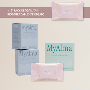 Pack tampones, compresas de algodón 100% orgánico y toallitas biodegradables + REGALO