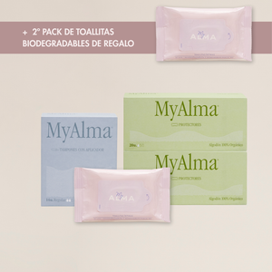 Pack salvaslips, tampones de algodón 100% orgánico y toallitas biodegradables + REGALO